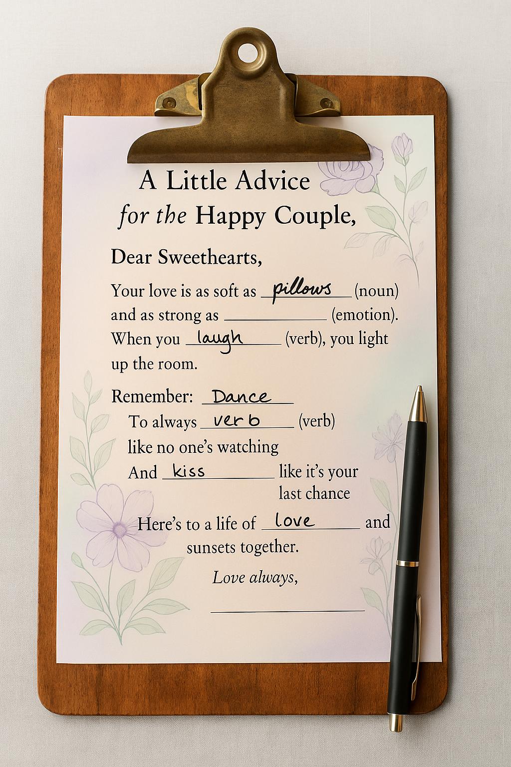 Watercolor Wedding Advice Cards: Fill-in-the-Blank Guest Activity