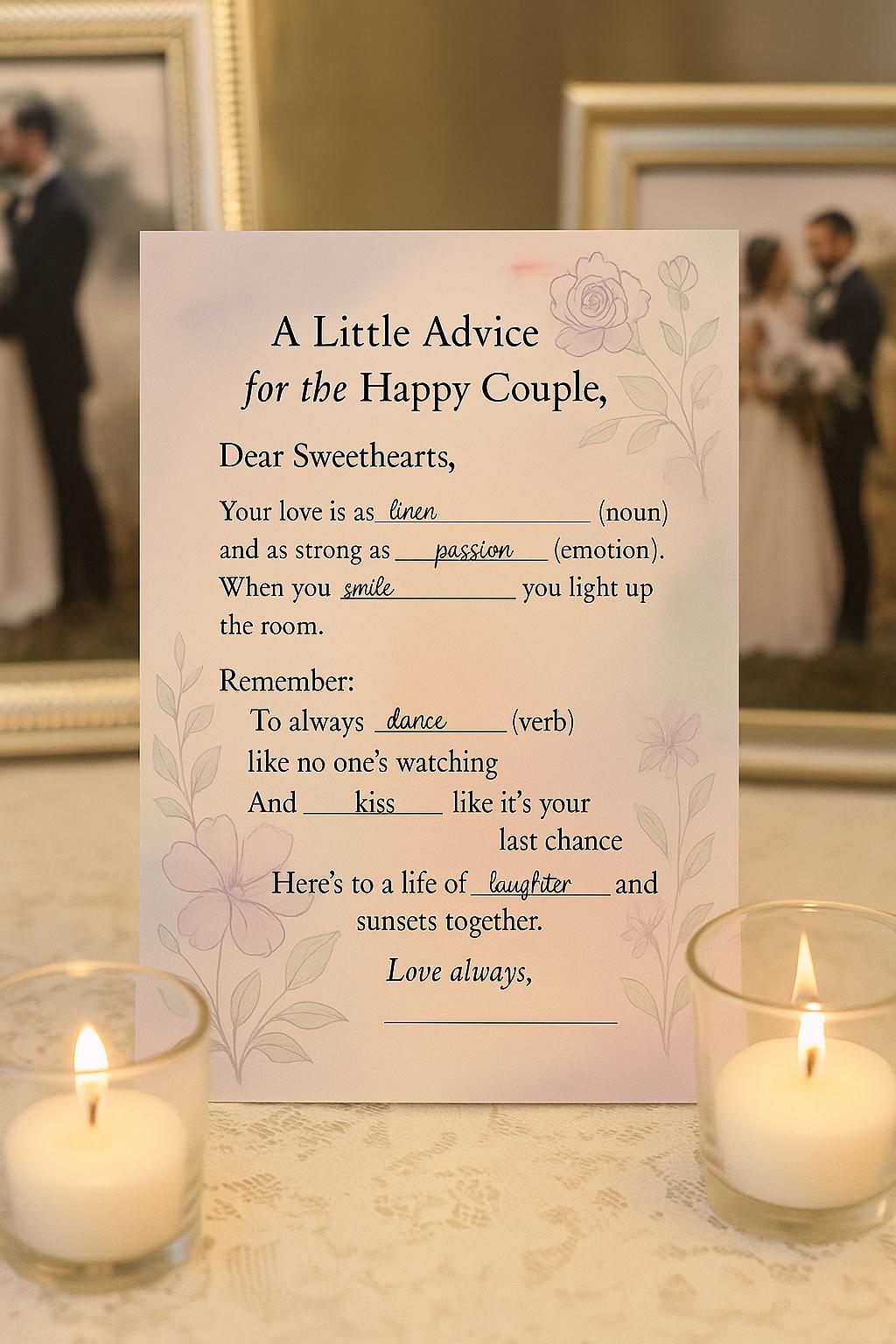 Watercolor Wedding Advice Cards: Fill-in-the-Blank Guest Activity