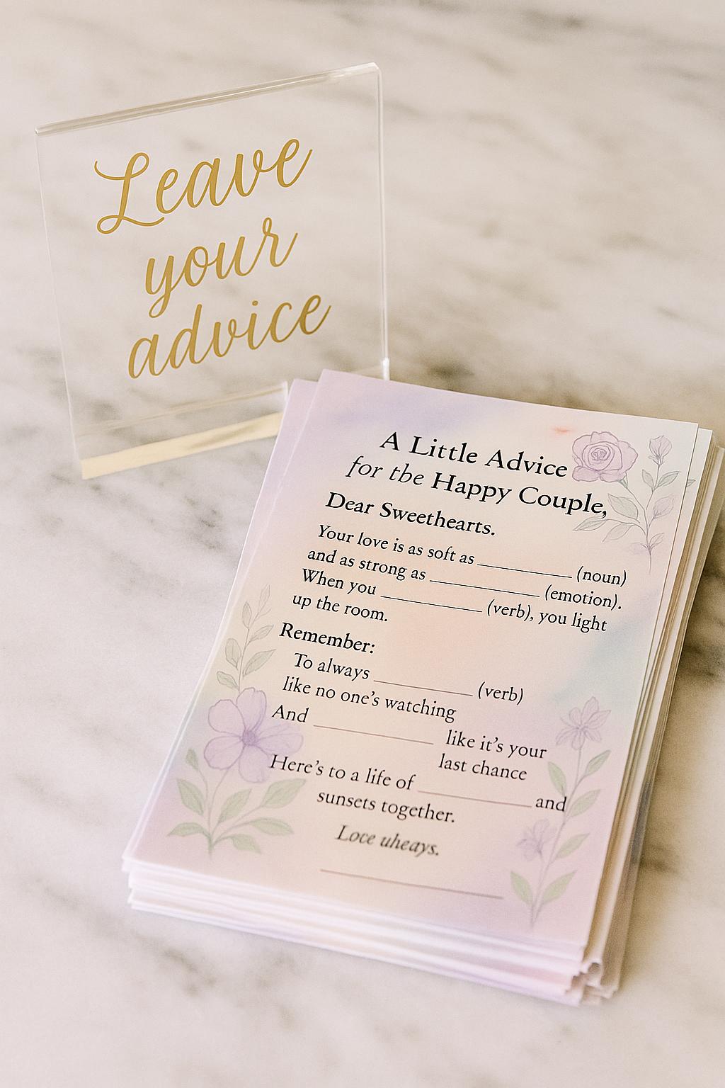 Watercolor Wedding Advice Cards: Fill-in-the-Blank Guest Activity
