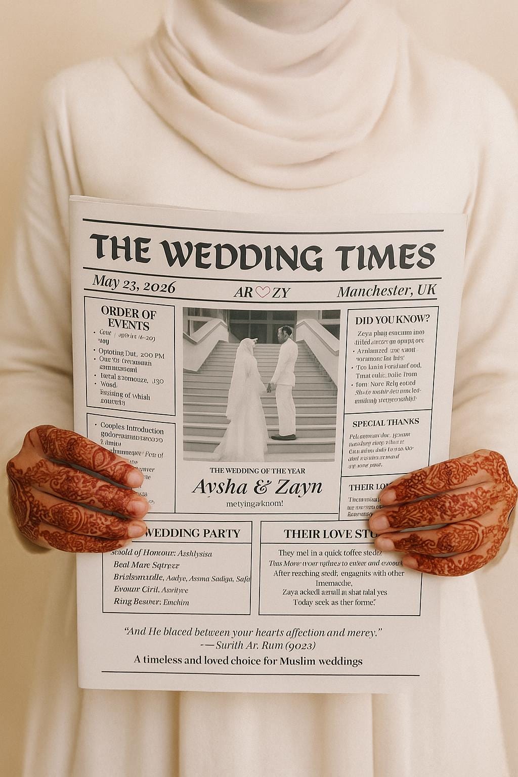 Muslim Wedding Newspaper Program: Nikkah Itinerary, Love Story (Digital Download, A4 Template)