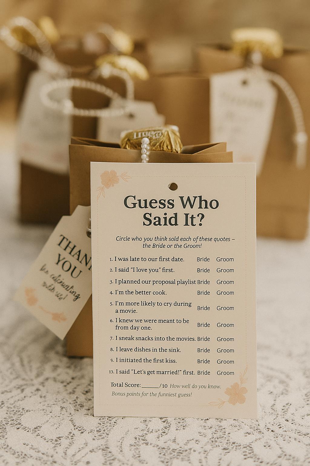 Guess Who Said It Wedding Game: Funny Couples Quiz, Bridal Shower Activity
