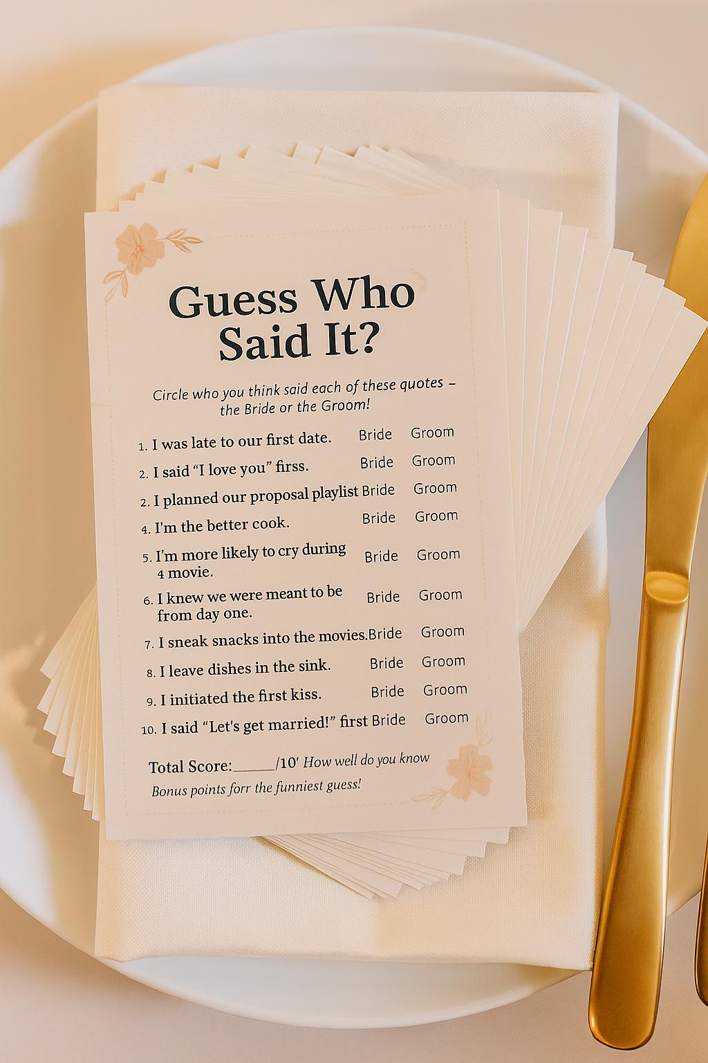 Guess Who Said It Wedding Game: Funny Couples Quiz, Bridal Shower Activity