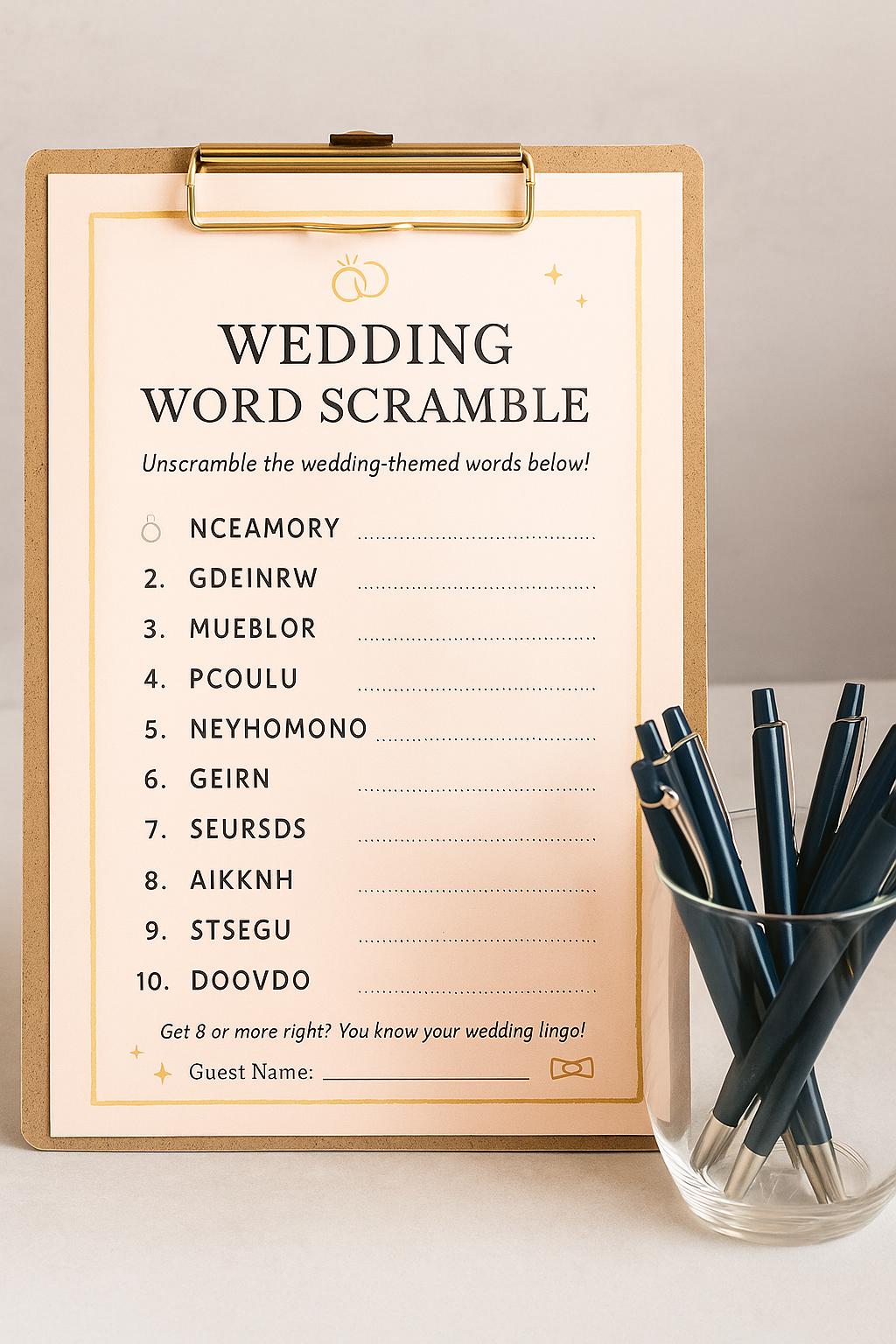 Elegant Wedding Word Scramble Game: Pink & Gold Bridal Shower (50-250 pcs