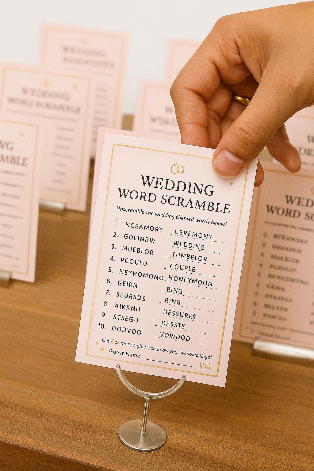 Elegant Wedding Word Scramble Game: Pink & Gold Bridal Shower (50-250 pcs