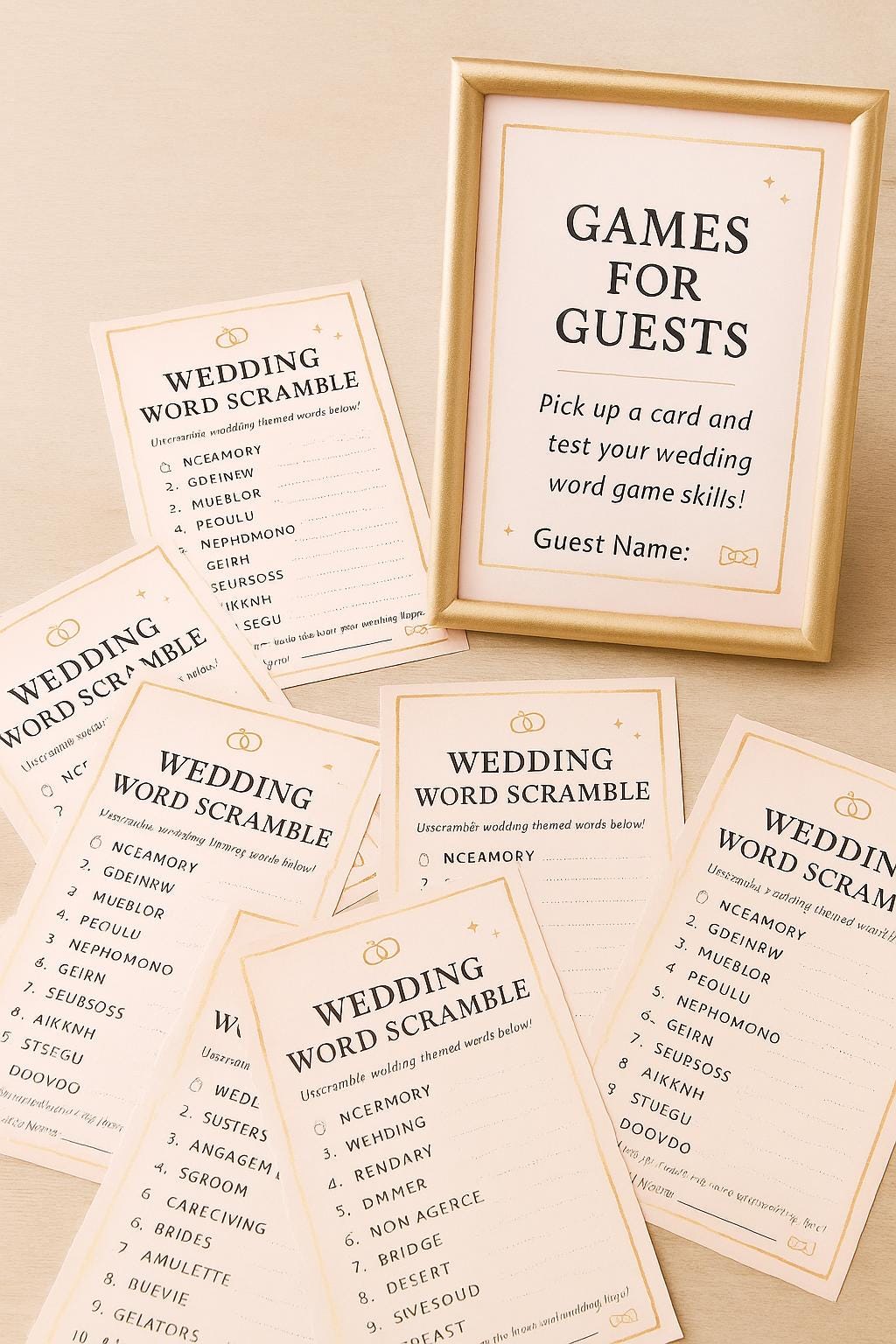 Elegant Wedding Word Scramble Game: Pink & Gold Bridal Shower (50-250 pcs