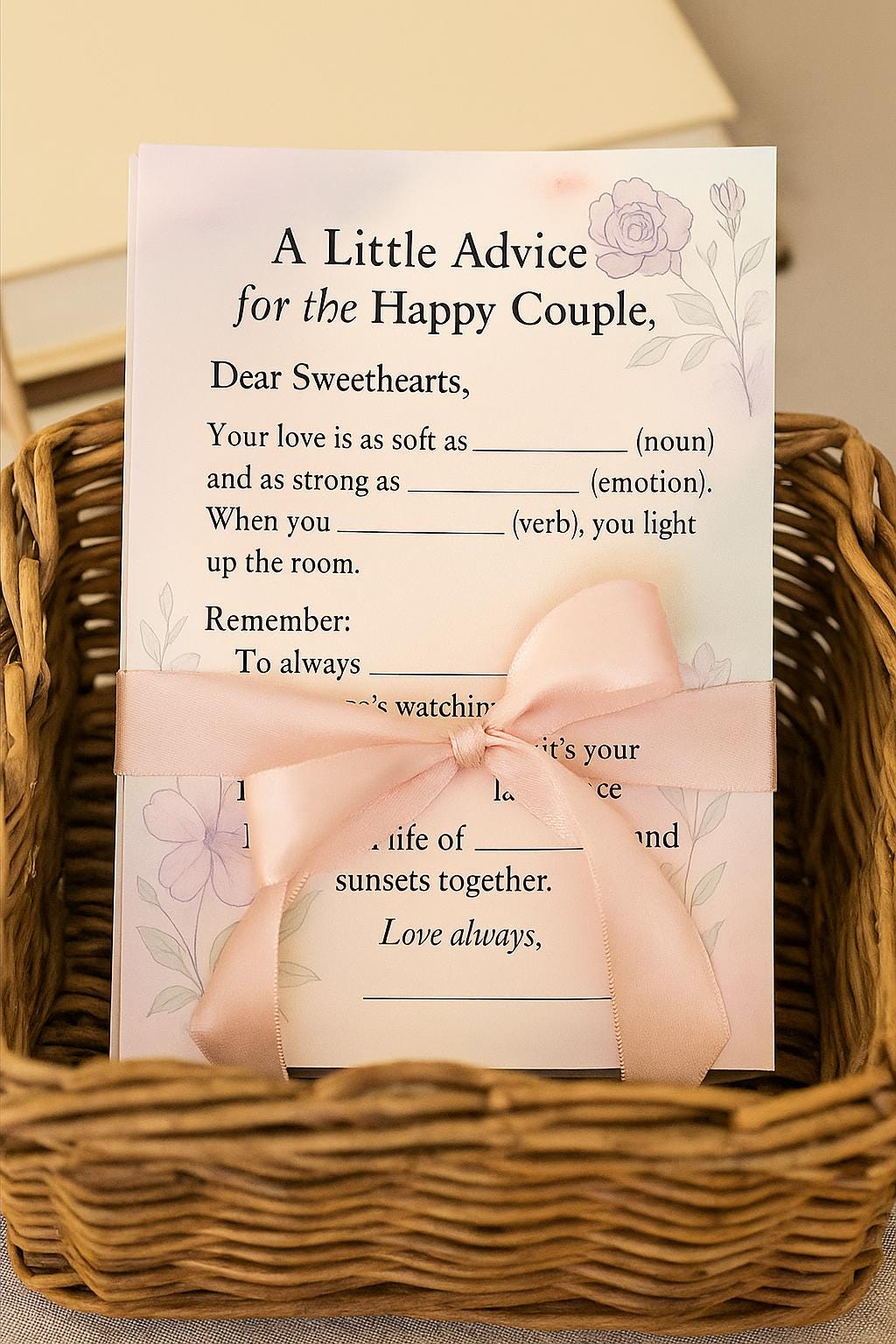 Watercolor Wedding Advice Cards: Fill-in-the-Blank Guest Activity