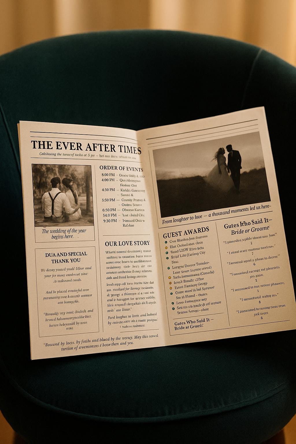 Elegant Muslim Wedding Newspaper Program: Editable Canva Template (Digital Download)
