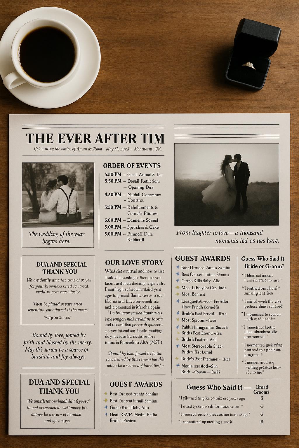Elegant Muslim Wedding Newspaper Program: Editable Canva Template (Digital Download)