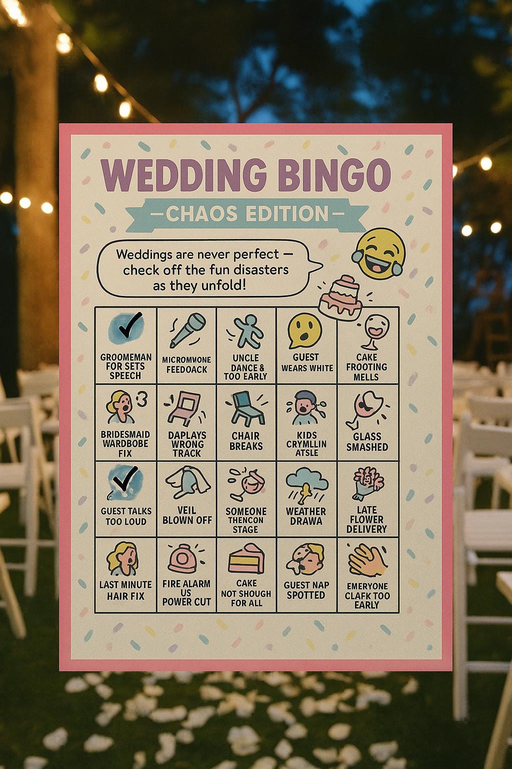 Funny Wedding Bingo Cards: Chaos Edition Reception Game