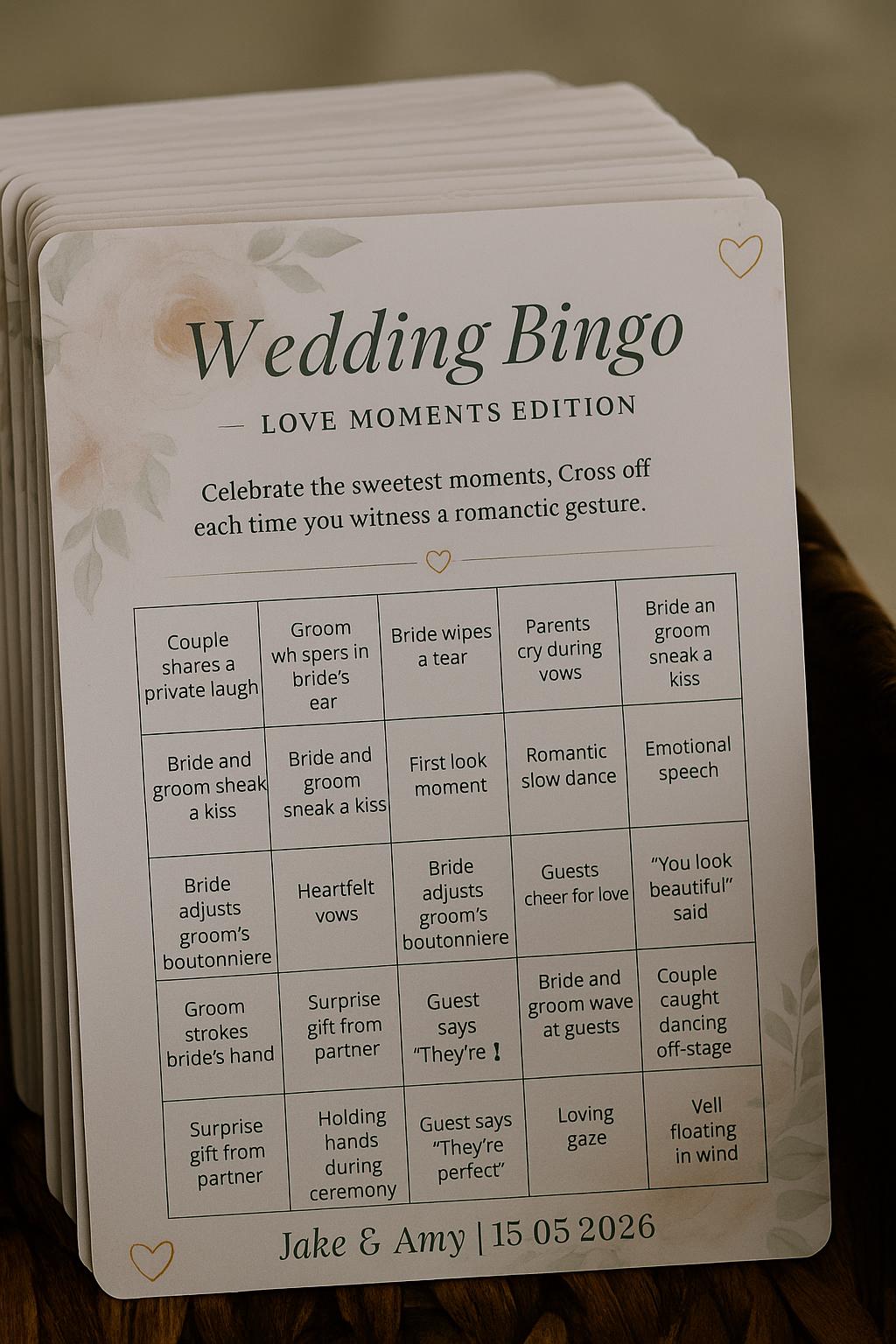 Floral Wedding Bingo Game: Love Moments Edition, Elegant Guest Activity