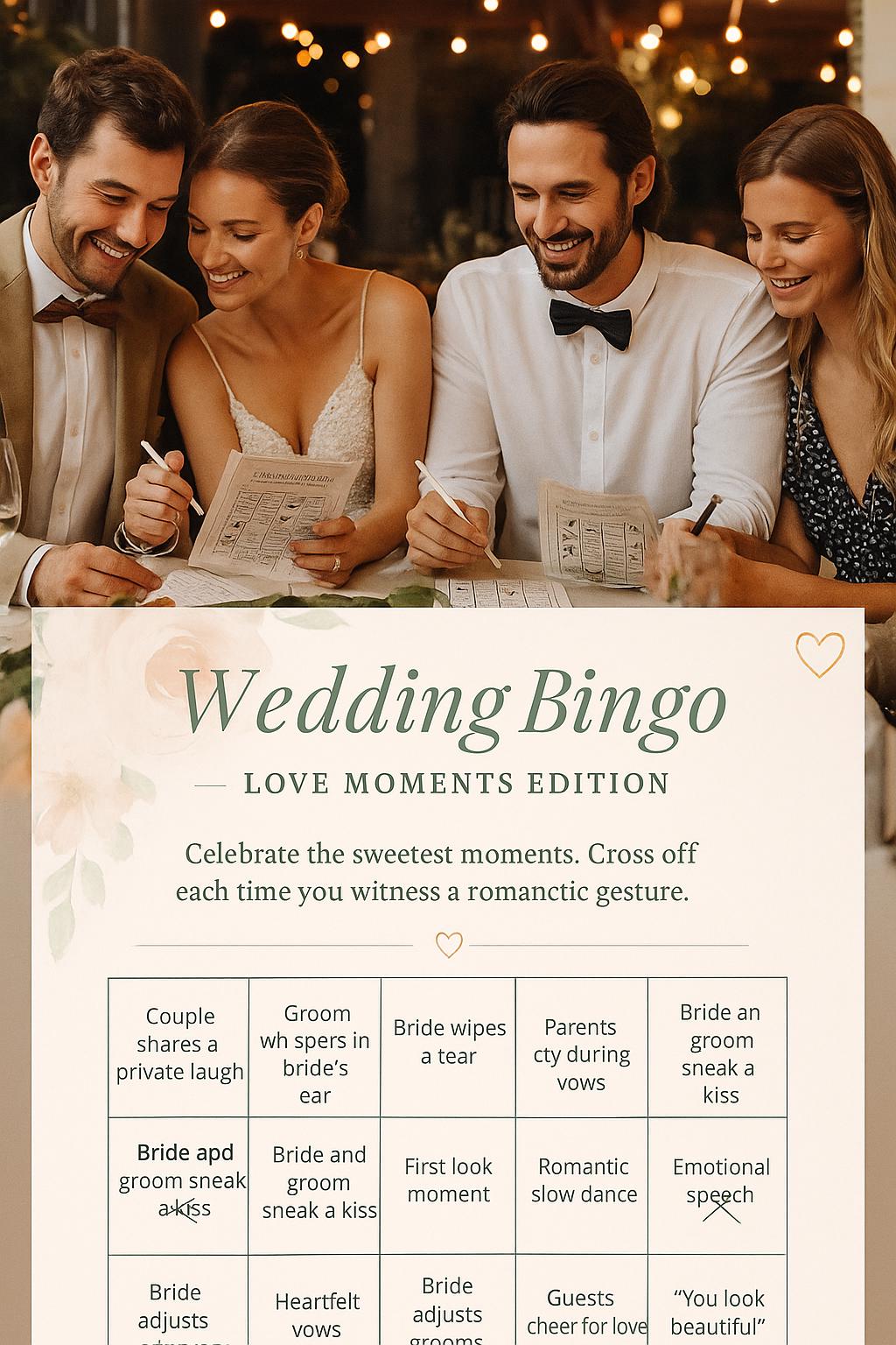 Floral Wedding Bingo Game: Love Moments Edition, Elegant Guest Activity
