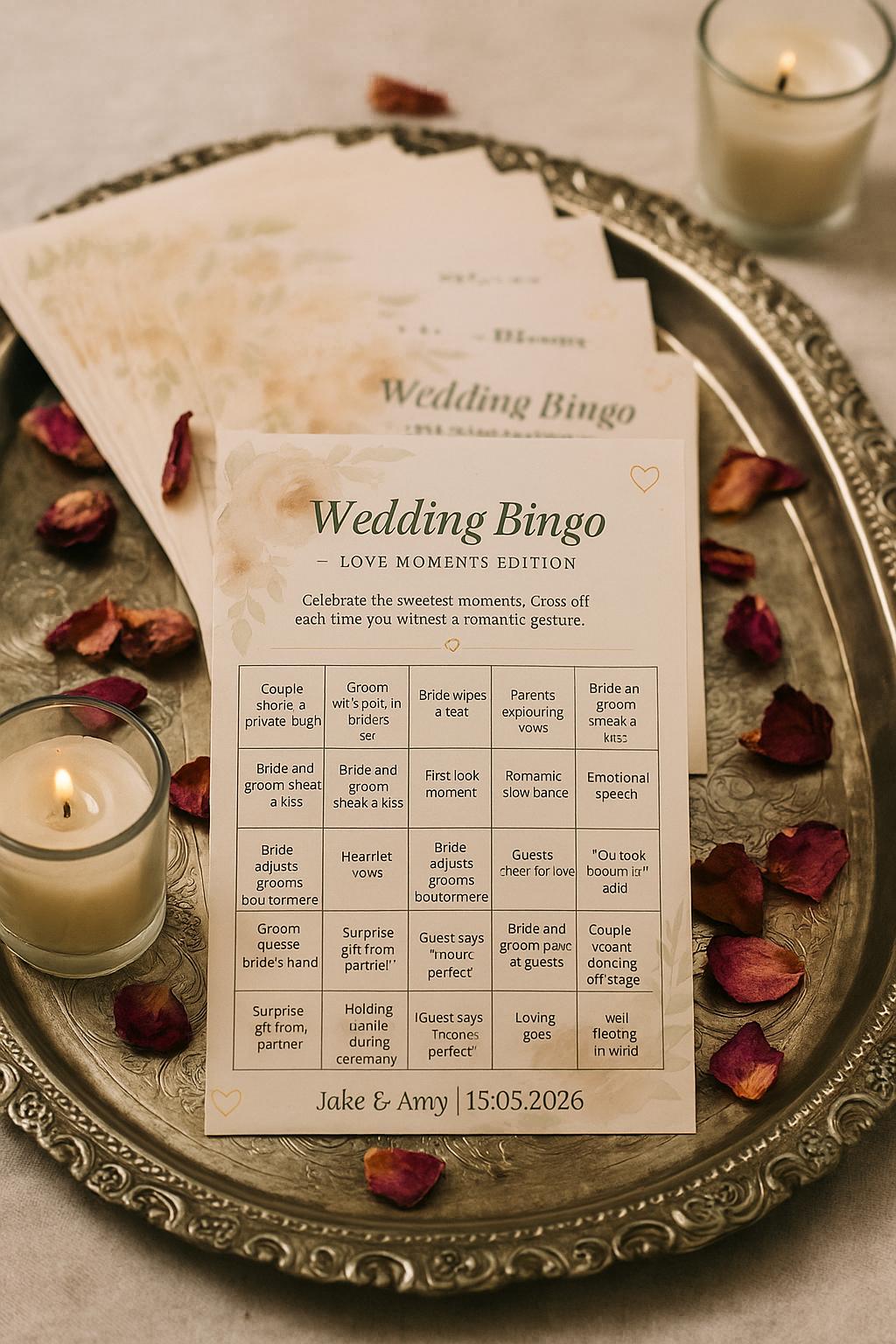 Floral Wedding Bingo Game: Love Moments Edition, Elegant Guest Activity