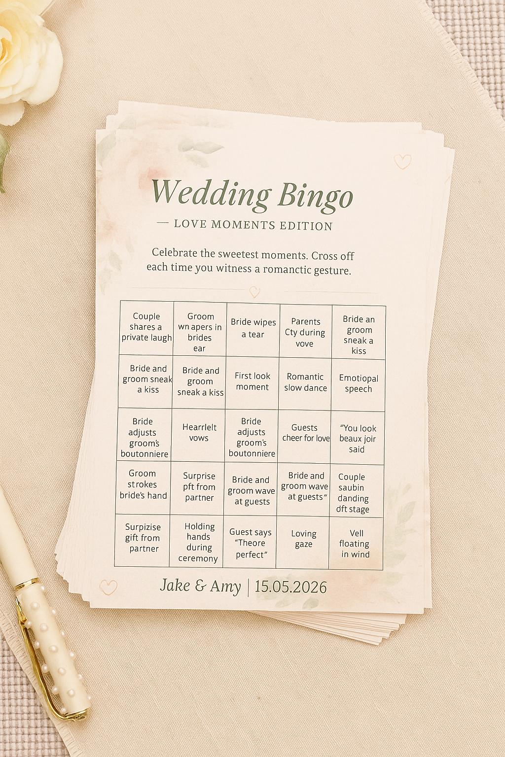 Floral Wedding Bingo Game: Love Moments Edition, Elegant Guest Activity