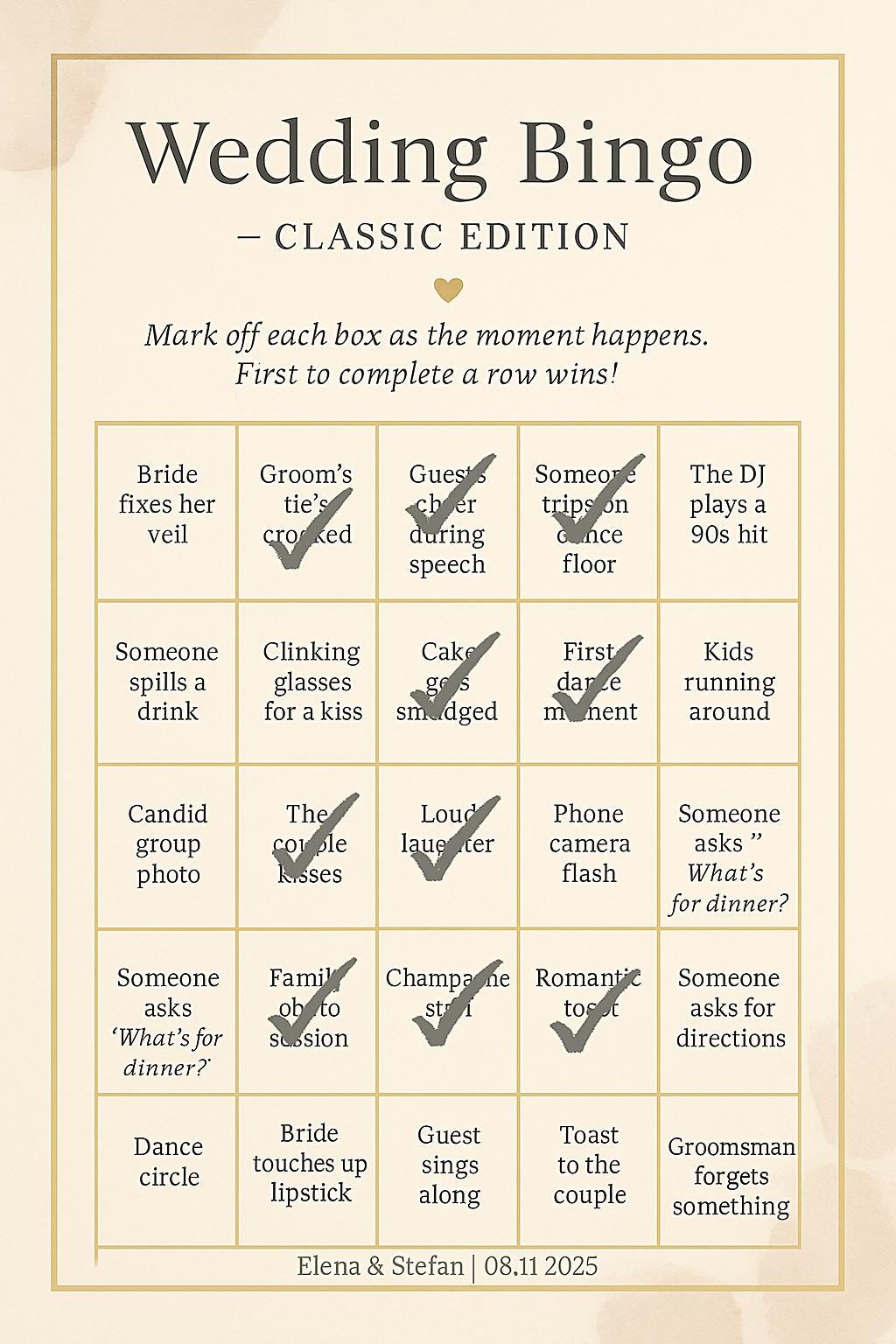 Elegant Wedding Bingo Game: Reception Icebreaker (Printable or Printed Bundle)