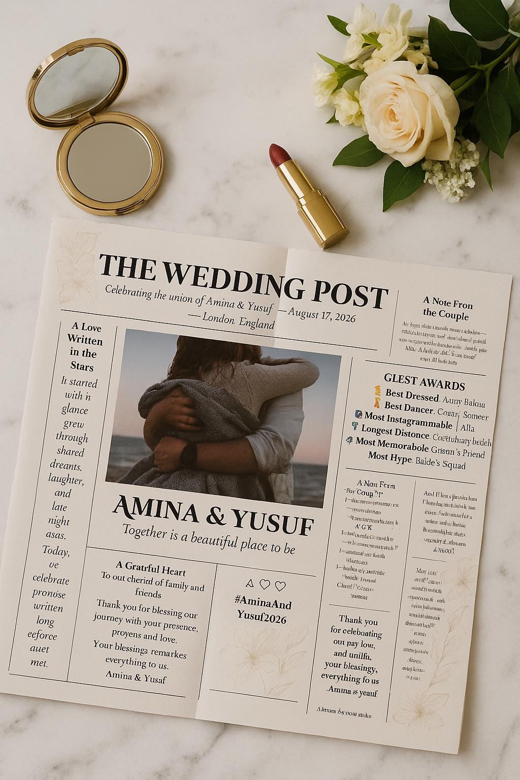 Wedding Newspaper Program Template | Muslim Nikkah Itinerary & Games | Editable Canva | Modern 3-Page Wedding Keepsake