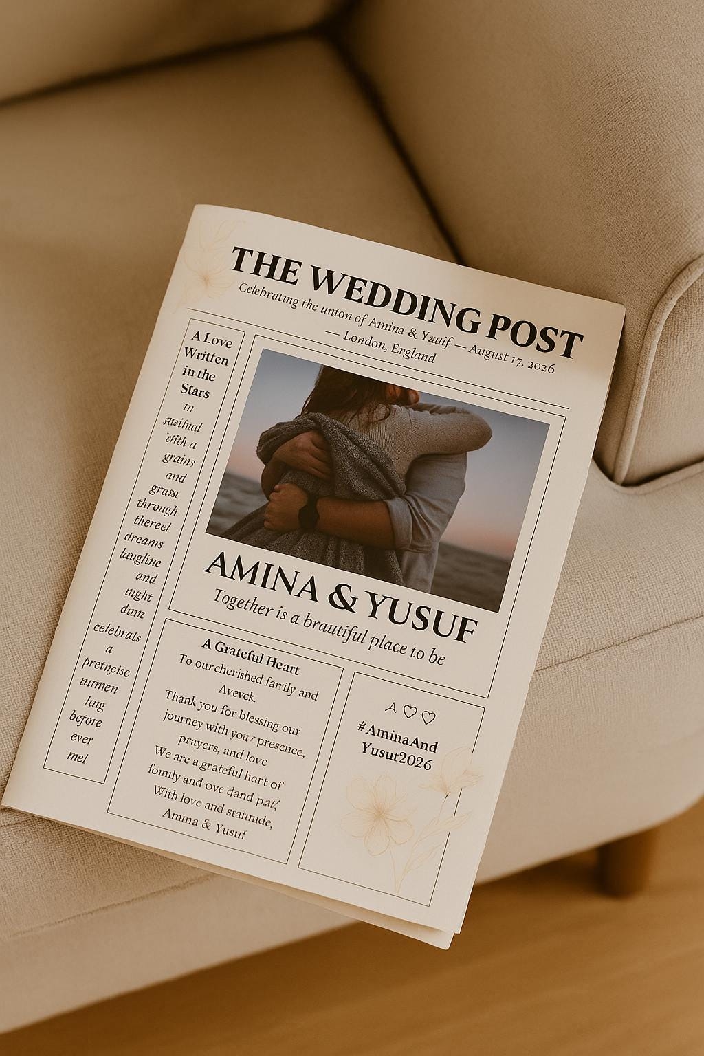 Wedding Newspaper Program Template | Muslim Nikkah Itinerary & Games | Editable Canva | Modern 3-Page Wedding Keepsake