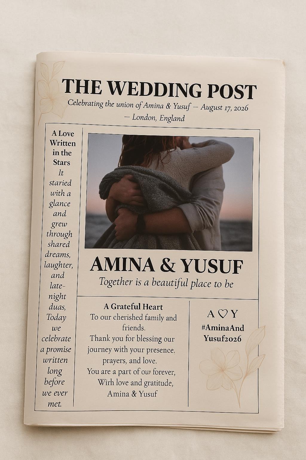 Wedding Newspaper Program Template | Muslim Nikkah Itinerary & Games | Editable Canva | Modern 3-Page Wedding Keepsake