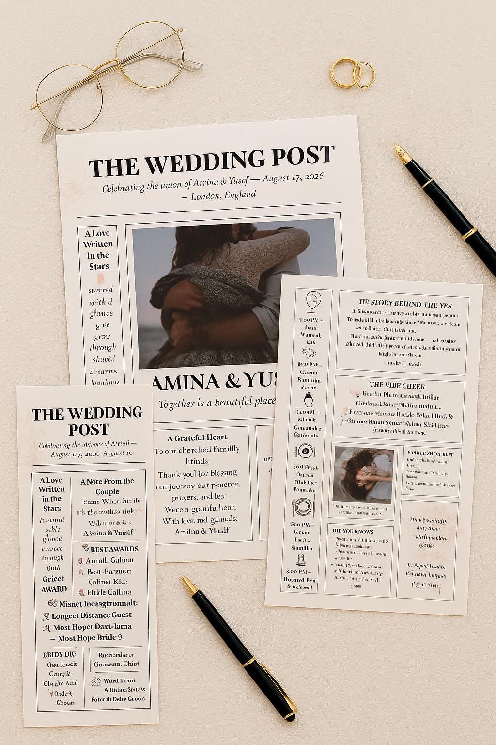 Wedding Newspaper Program Template | Muslim Nikkah Itinerary & Games | Editable Canva | Modern 3-Page Wedding Keepsake