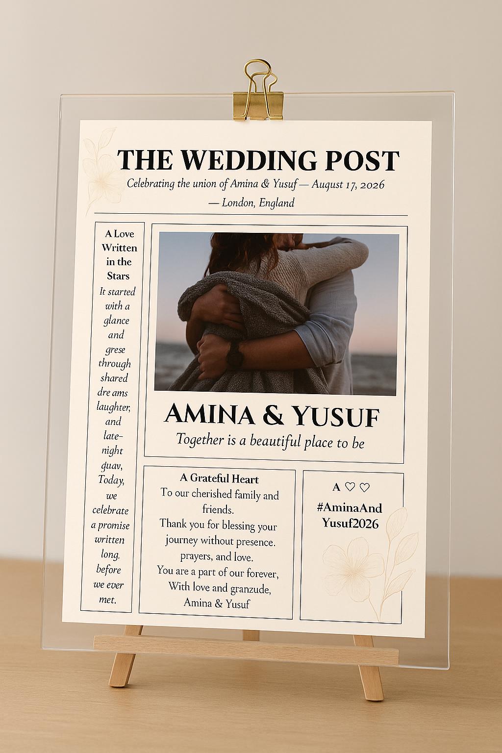 Wedding Newspaper Program Template | Muslim Nikkah Itinerary & Games | Editable Canva | Modern 3-Page Wedding Keepsake