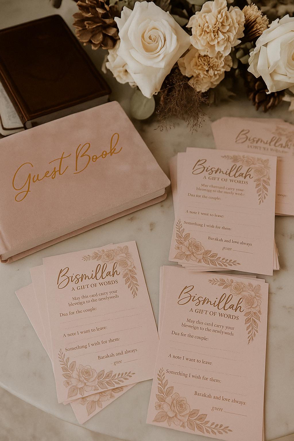 Rose Gold Bismillah Wedding Cards: Muslim Guest Blessings, Nikkah Dua