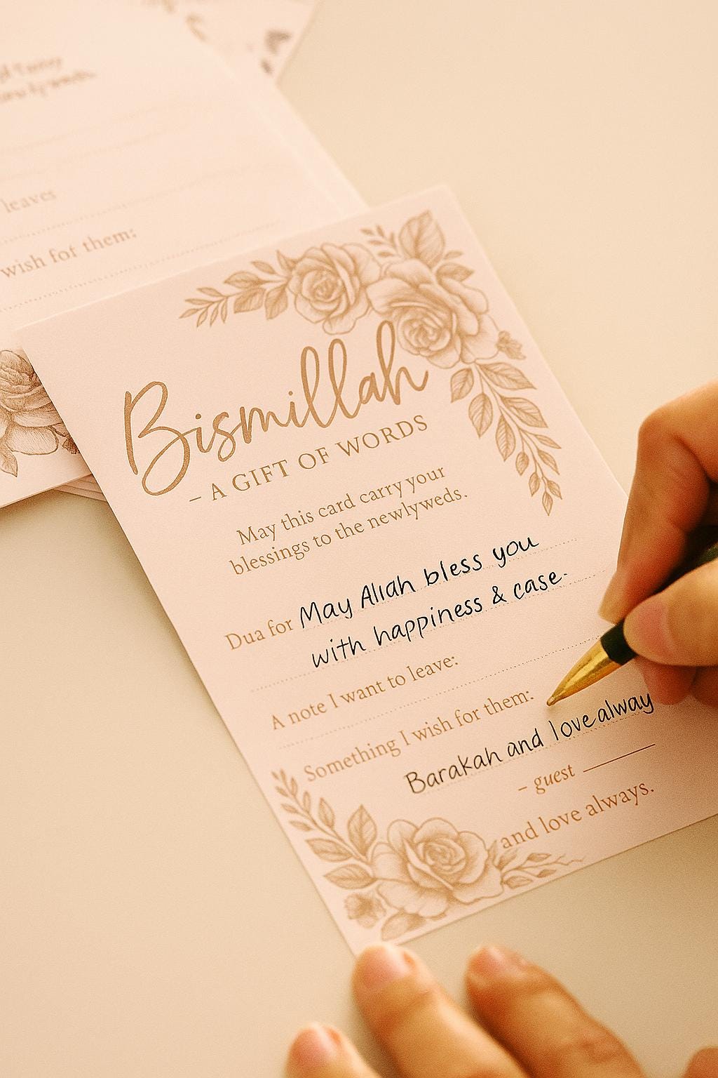 Rose Gold Bismillah Wedding Cards: Muslim Guest Blessings, Nikkah Dua