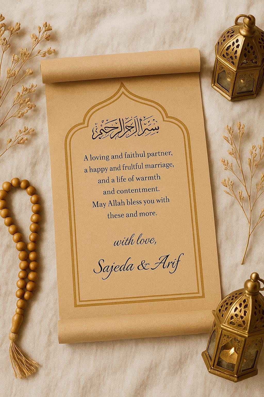 Islamic Wedding Favor Scroll: Bismillah Dua, Kraft Gold Arch (Printable Option Available)