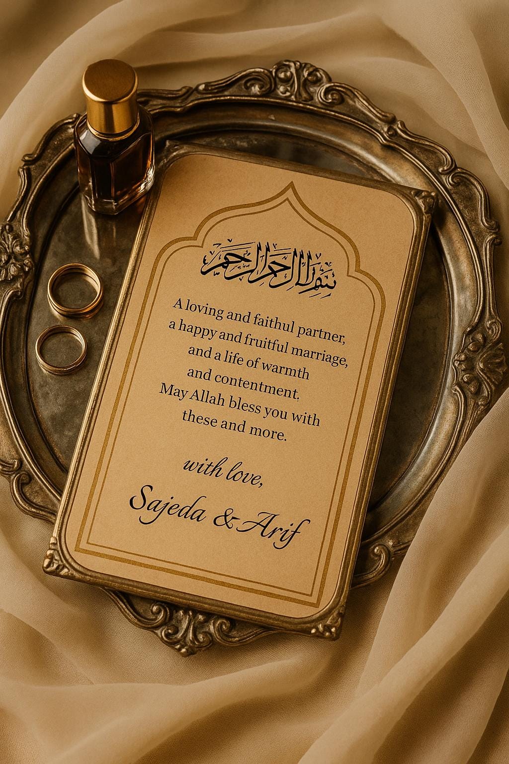 Islamic Wedding Favor Scroll: Bismillah Dua, Kraft Gold Arch (Printable Option Available)