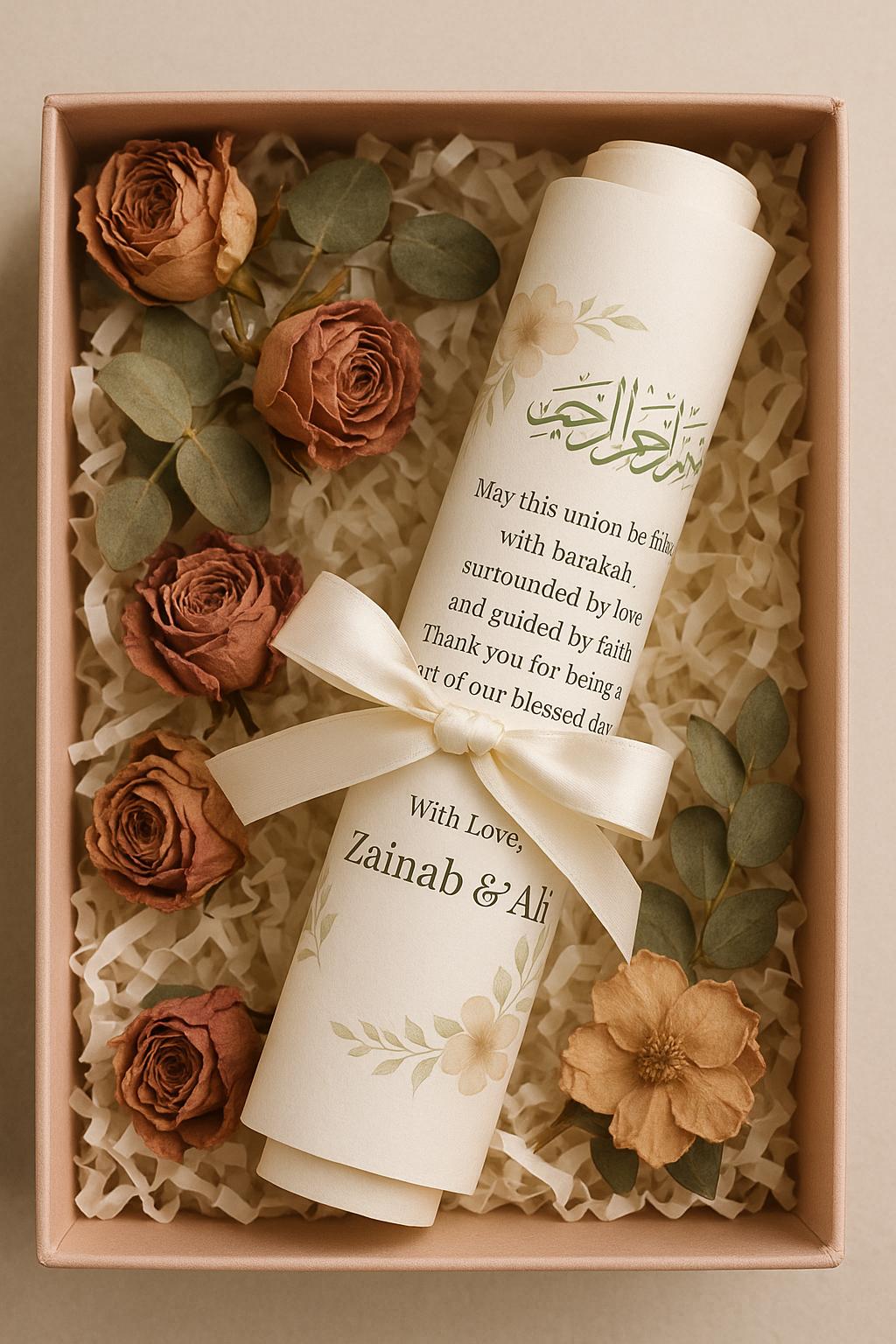 Floral Islamic Wedding Favor Scroll: Sage Green Bismillah, Editable Du'a