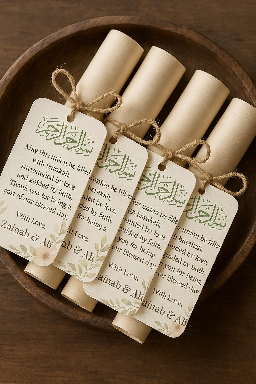 Floral Islamic Wedding Favor Scroll: Sage Green Bismillah, Editable Du'a