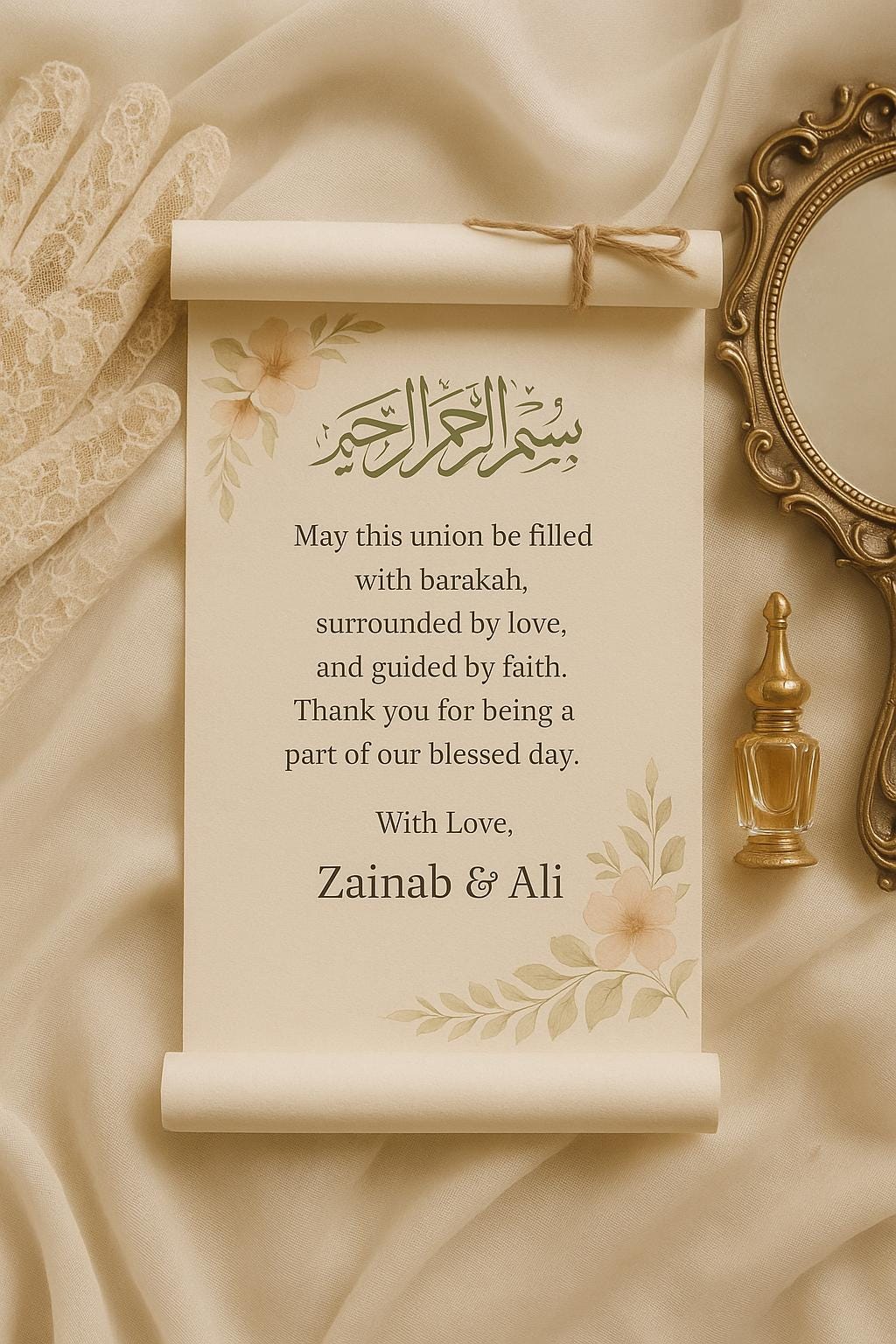 Floral Islamic Wedding Favor Scroll: Sage Green Bismillah, Editable Du'a