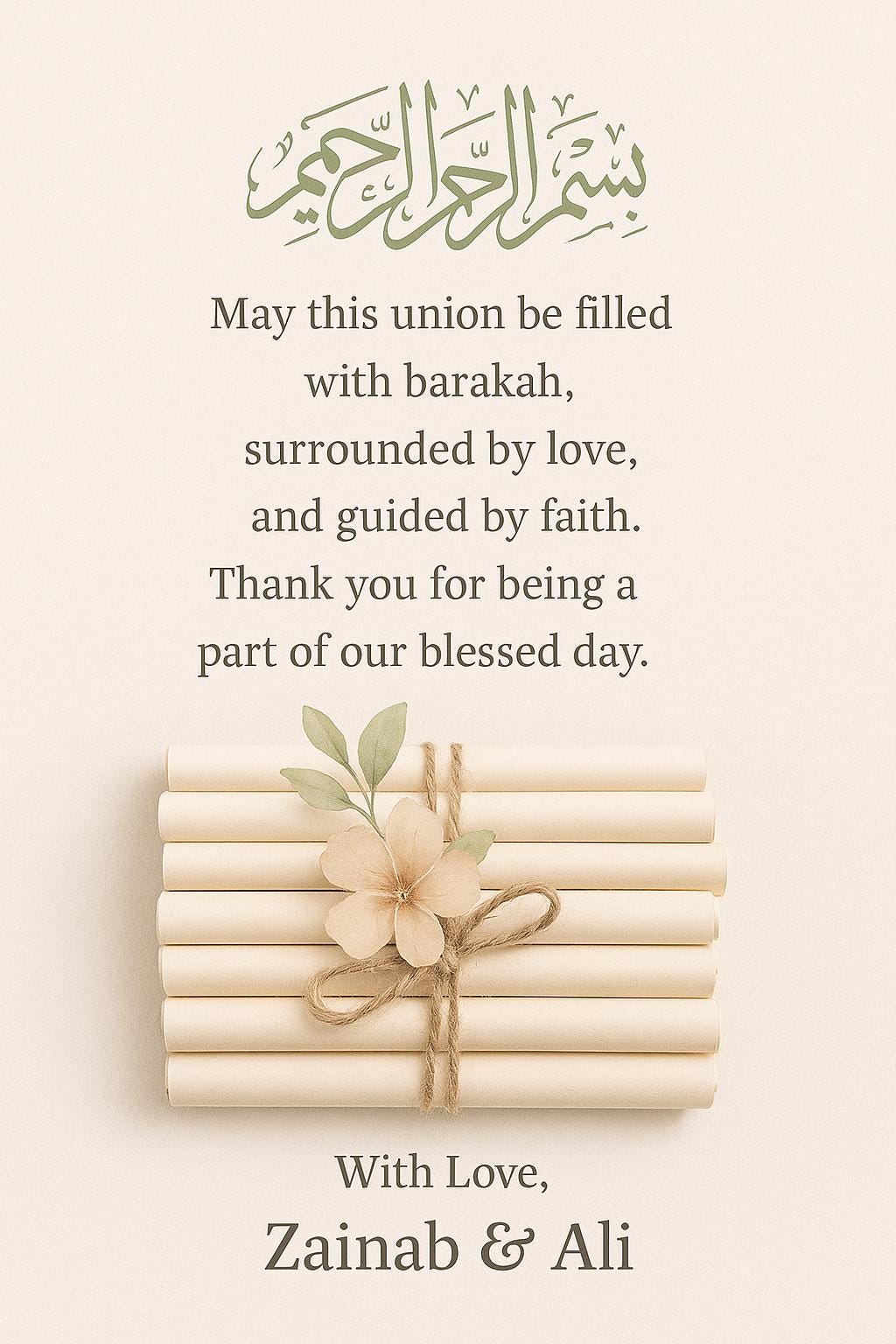 Floral Islamic Wedding Favor Scroll: Sage Green Bismillah, Editable Du'a