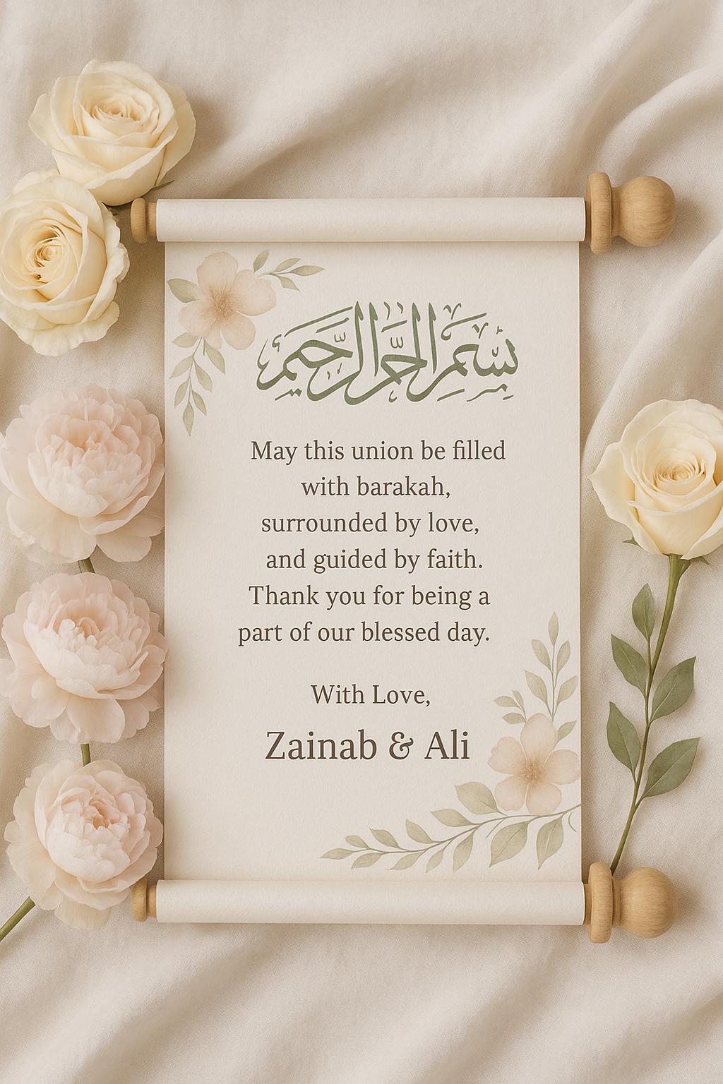 Floral Islamic Wedding Favor Scroll: Sage Green Bismillah, Editable Du'a