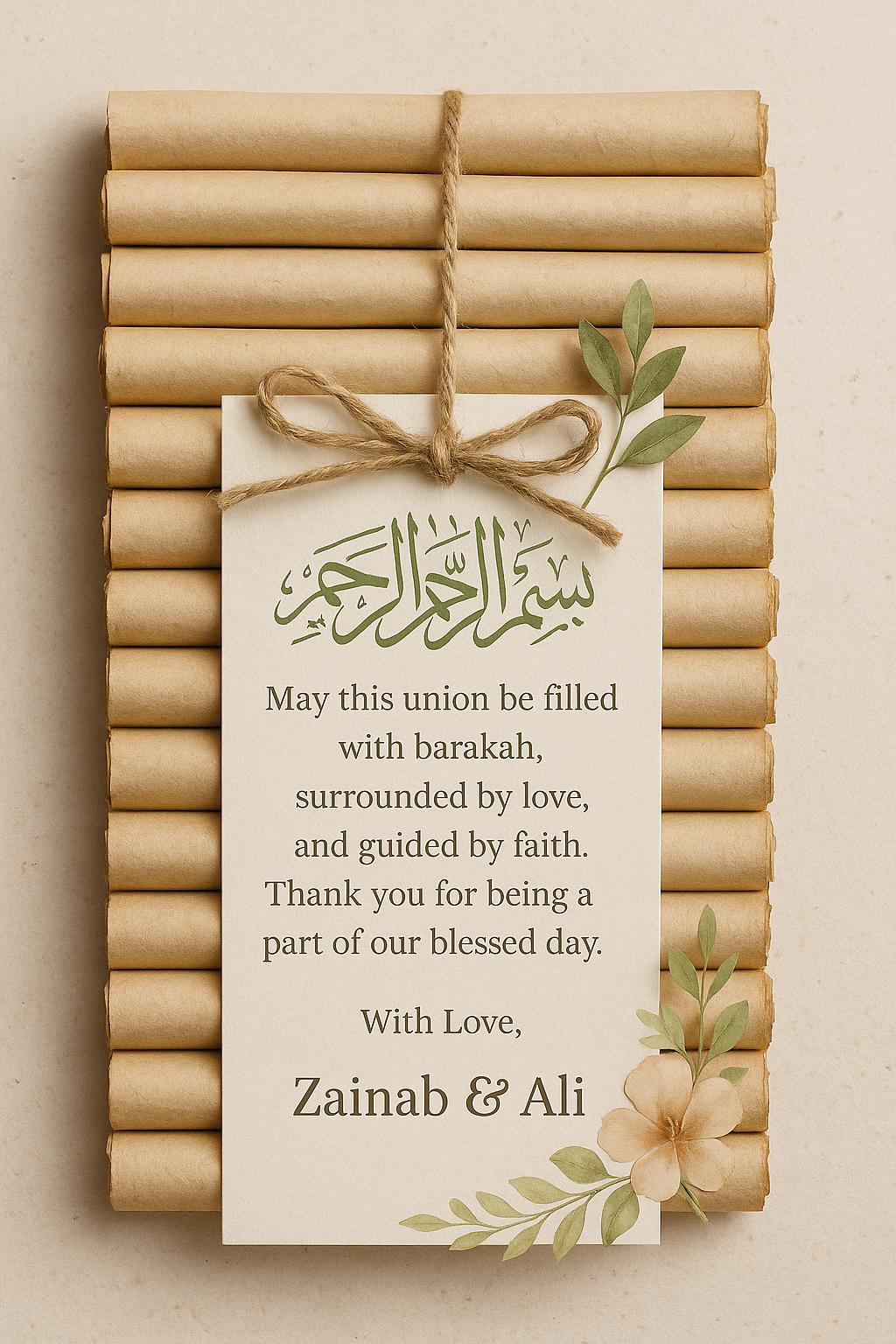 Floral Islamic Wedding Favor Scroll: Sage Green Bismillah, Editable Du'a