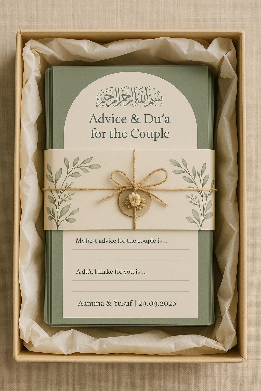 Sage Green Wedding Advice Cards: Botanical Arch Nikah Decor