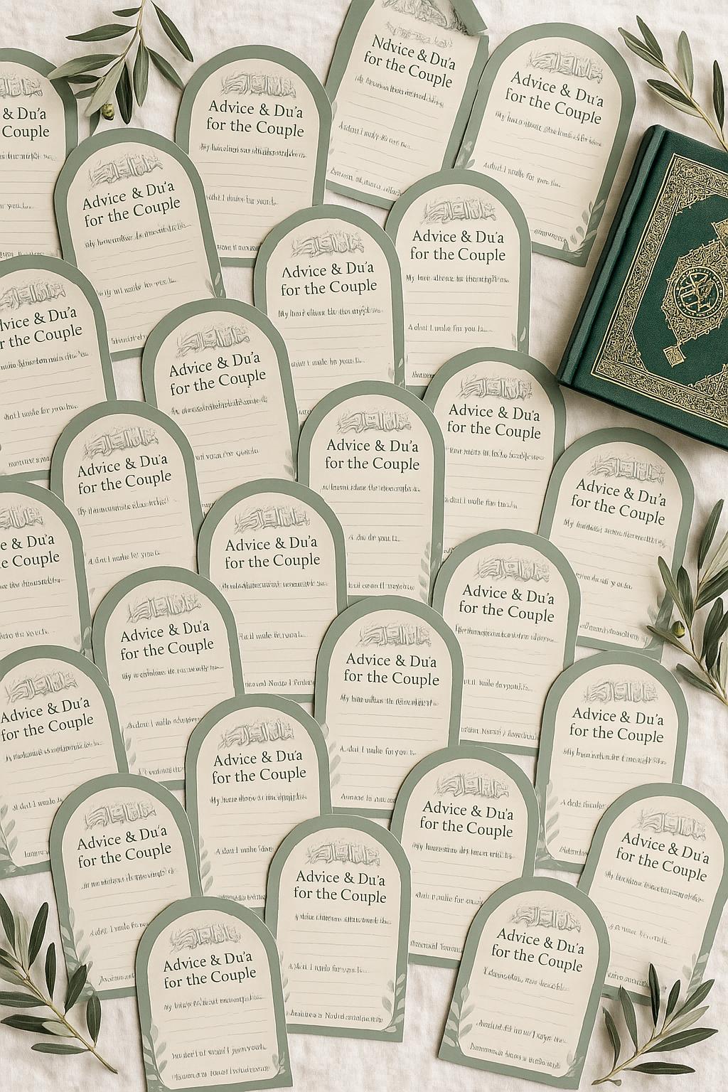 Sage Green Wedding Advice Cards: Botanical Arch Nikah Decor