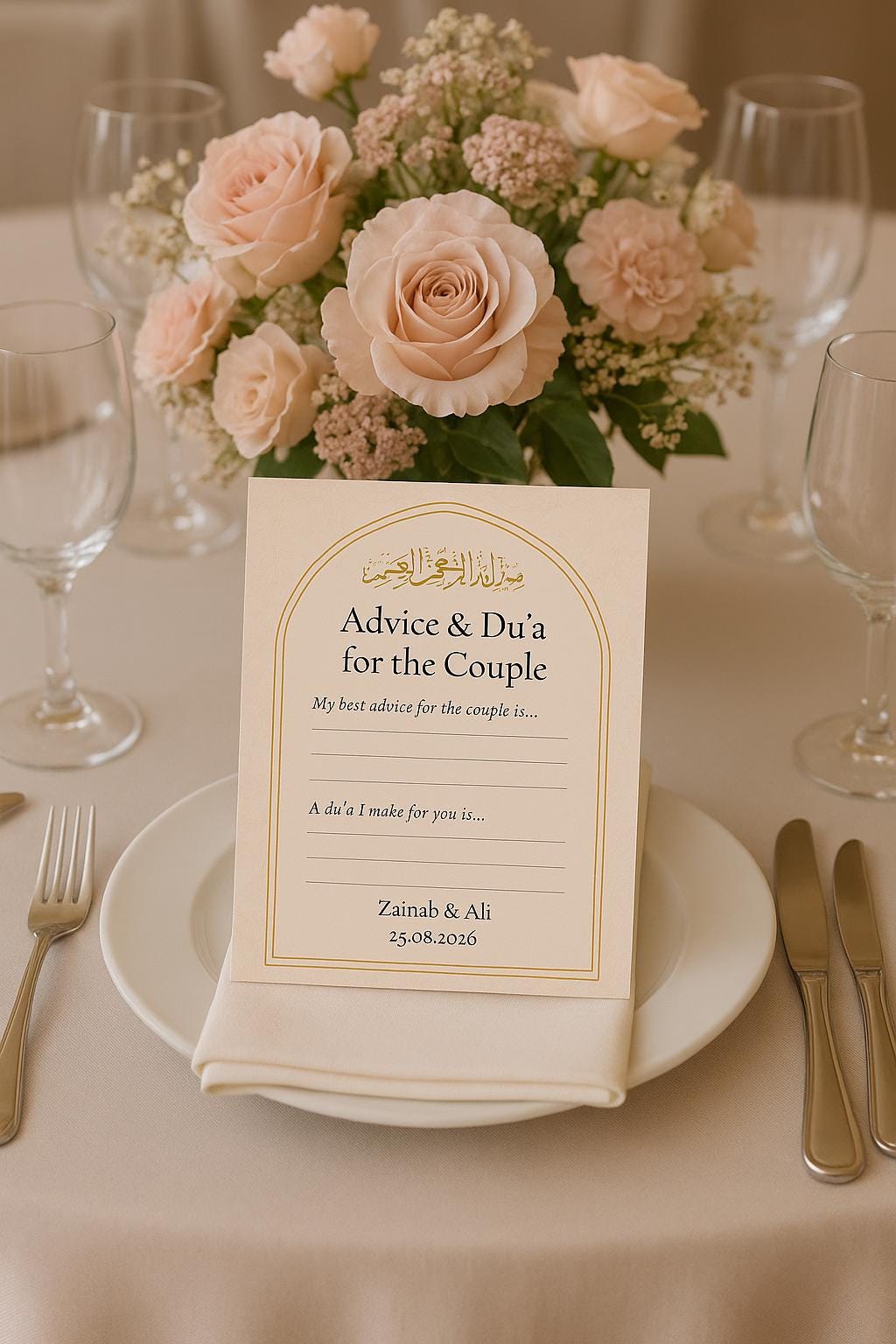 Blush Floral Dua & Advice Cards |  Personalized Islamic Wedding Favor with Gold Bismillah Calligraphy