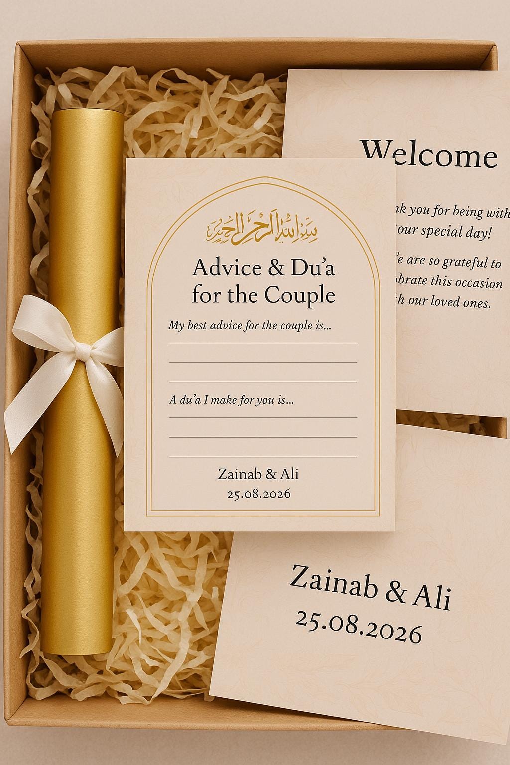 Blush Floral Dua & Advice Cards |  Personalized Islamic Wedding Favor with Gold Bismillah Calligraphy