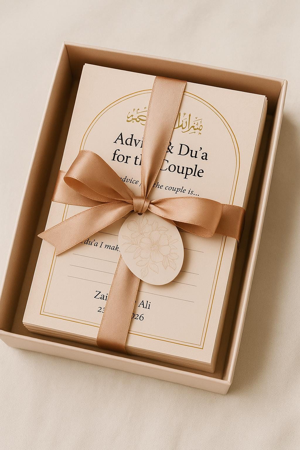 Blush Floral Dua & Advice Cards |  Personalized Islamic Wedding Favor with Gold Bismillah Calligraphy