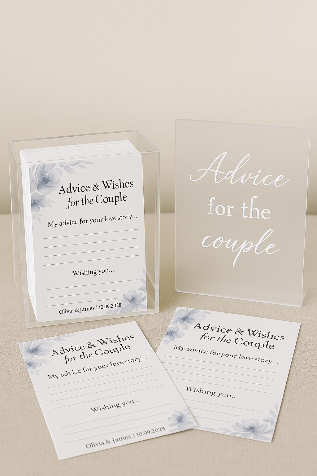 Dusty Blue Wedding Advice Cards: Floral Watercolor Keepsake