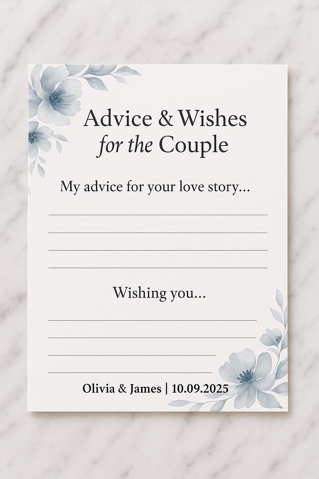 Dusty Blue Wedding Advice Cards: Floral Watercolor Keepsake