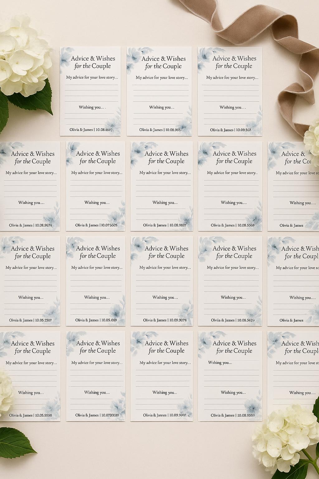 Dusty Blue Wedding Advice Cards: Floral Watercolor Keepsake