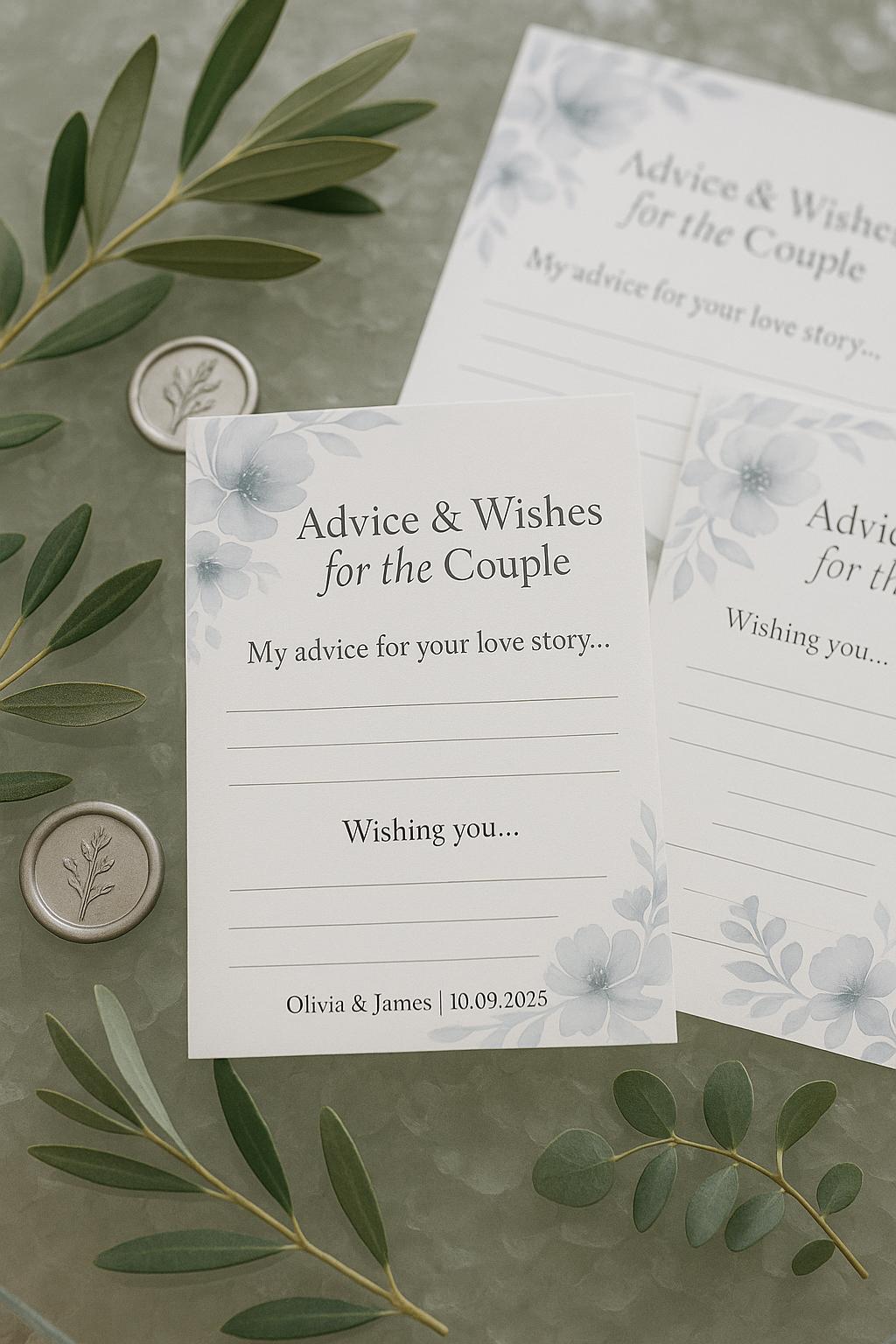 Dusty Blue Wedding Advice Cards: Floral Watercolor Keepsake
