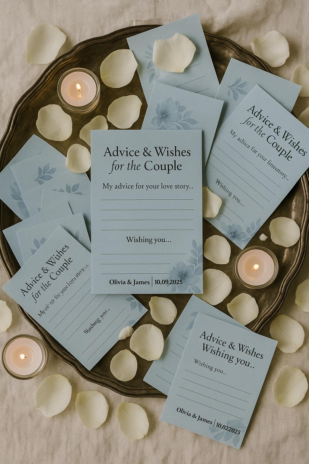 Dusty Blue Wedding Advice Cards: Floral Watercolor Keepsake