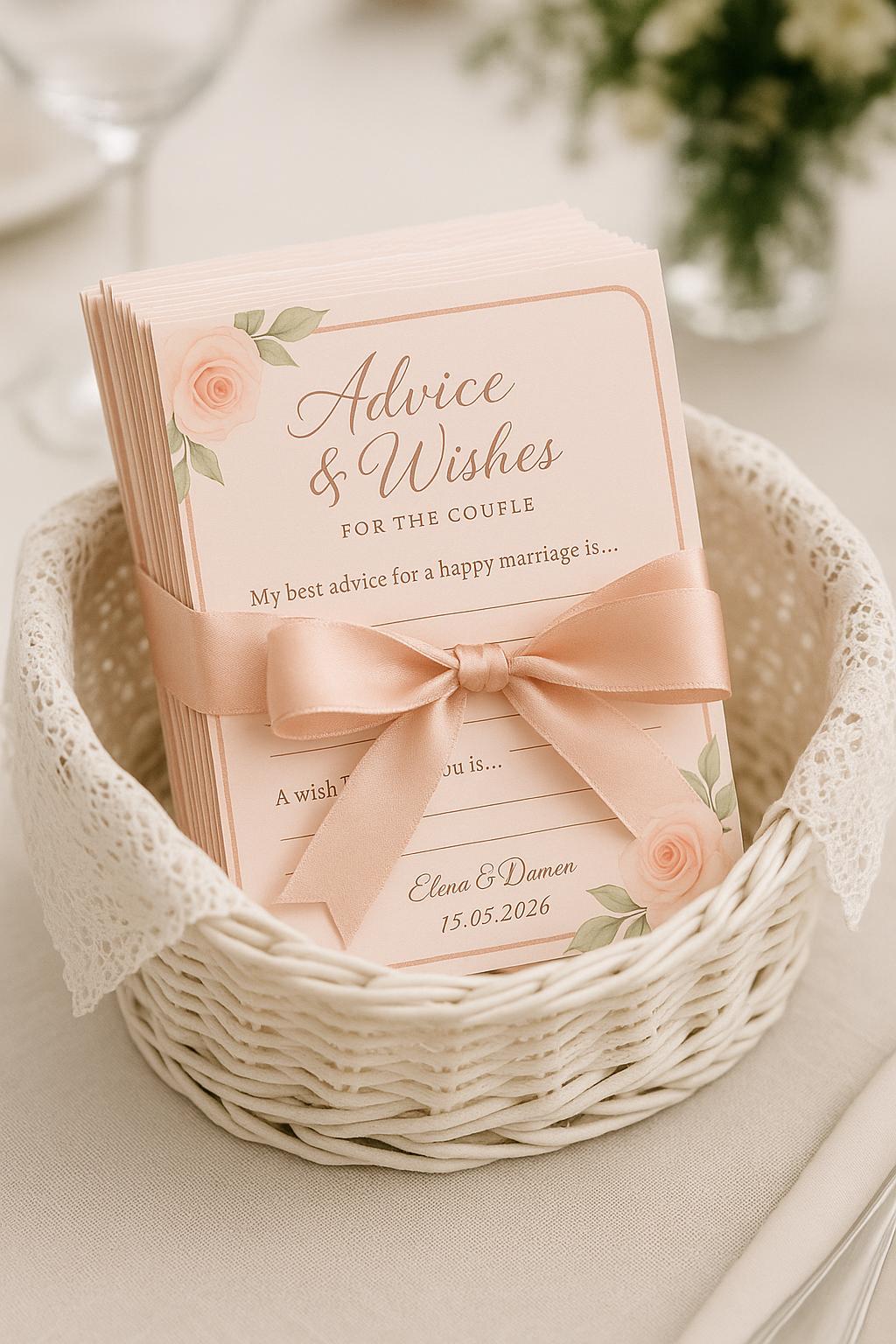 Blush Floral Wedding Advice Cards: Elegant Guest Wishes, Keepsake Table Decor