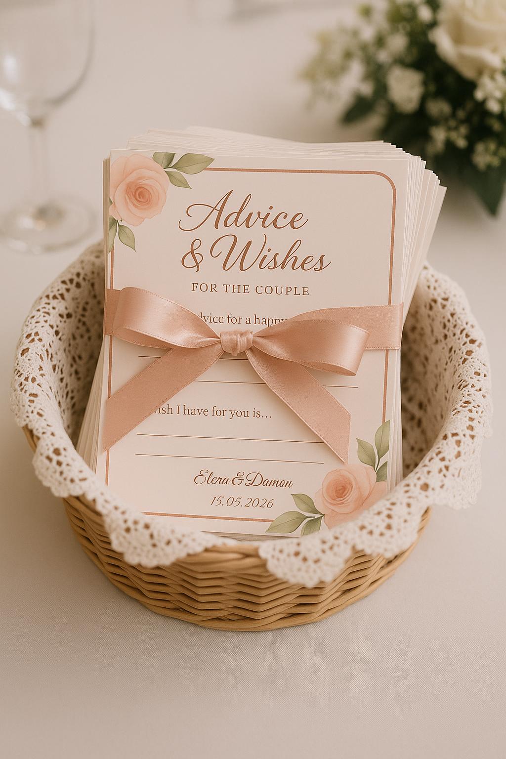 Blush Floral Wedding Advice Cards: Elegant Guest Wishes, Keepsake Table Decor