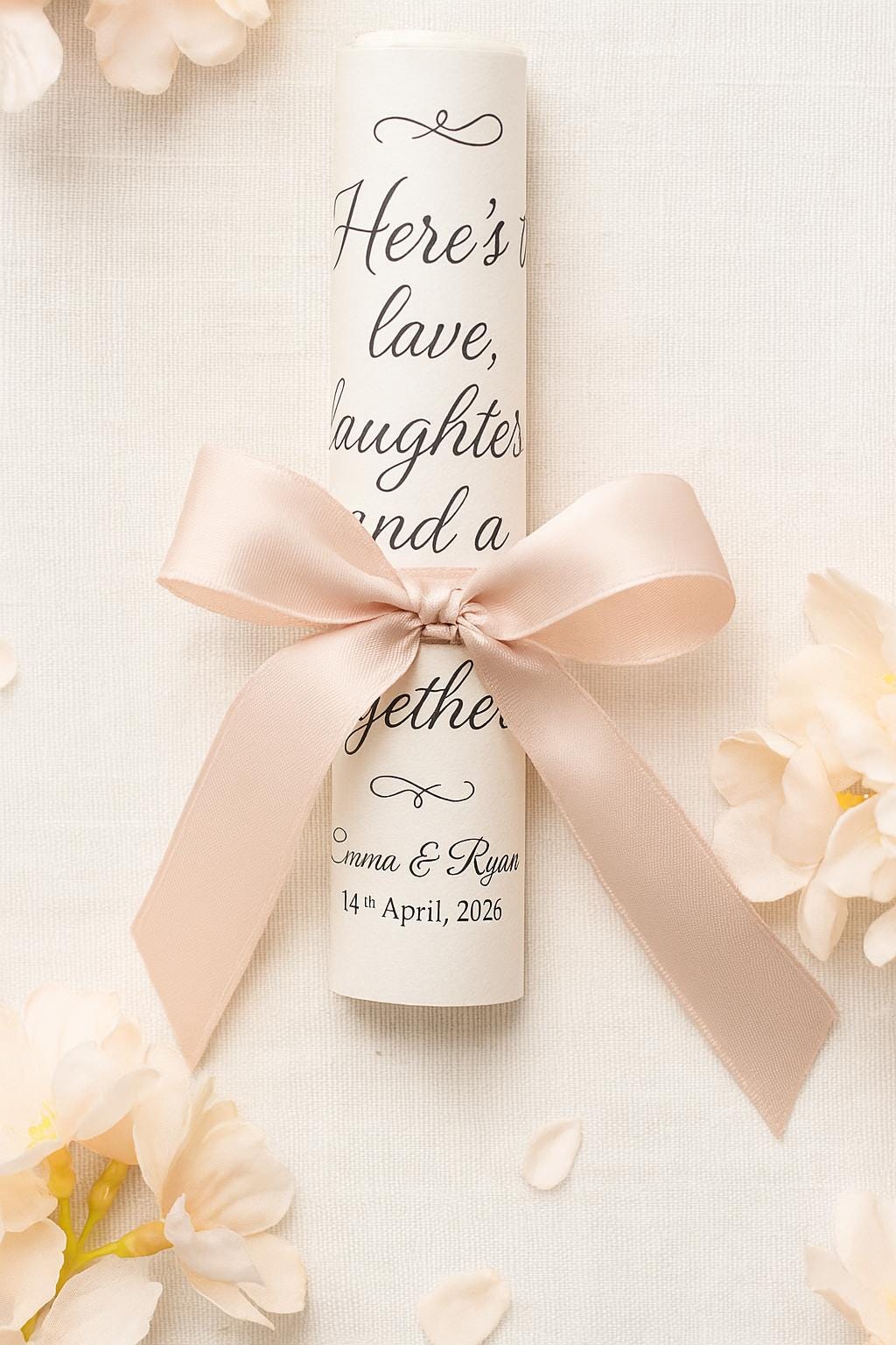 Romantic Wedding Scroll Favor: Love Quote, Blush Ribbon, Elegant Thank You