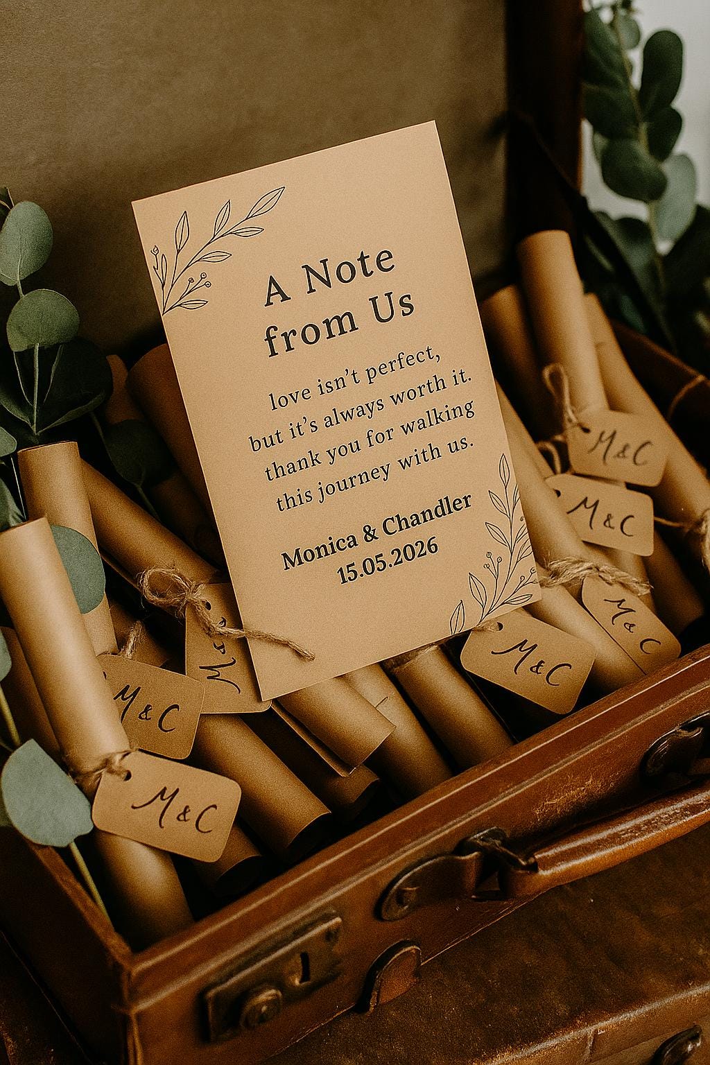 Rustic Kraft Wedding Favor Scroll: Twine-Tied Guest Message Keepsake