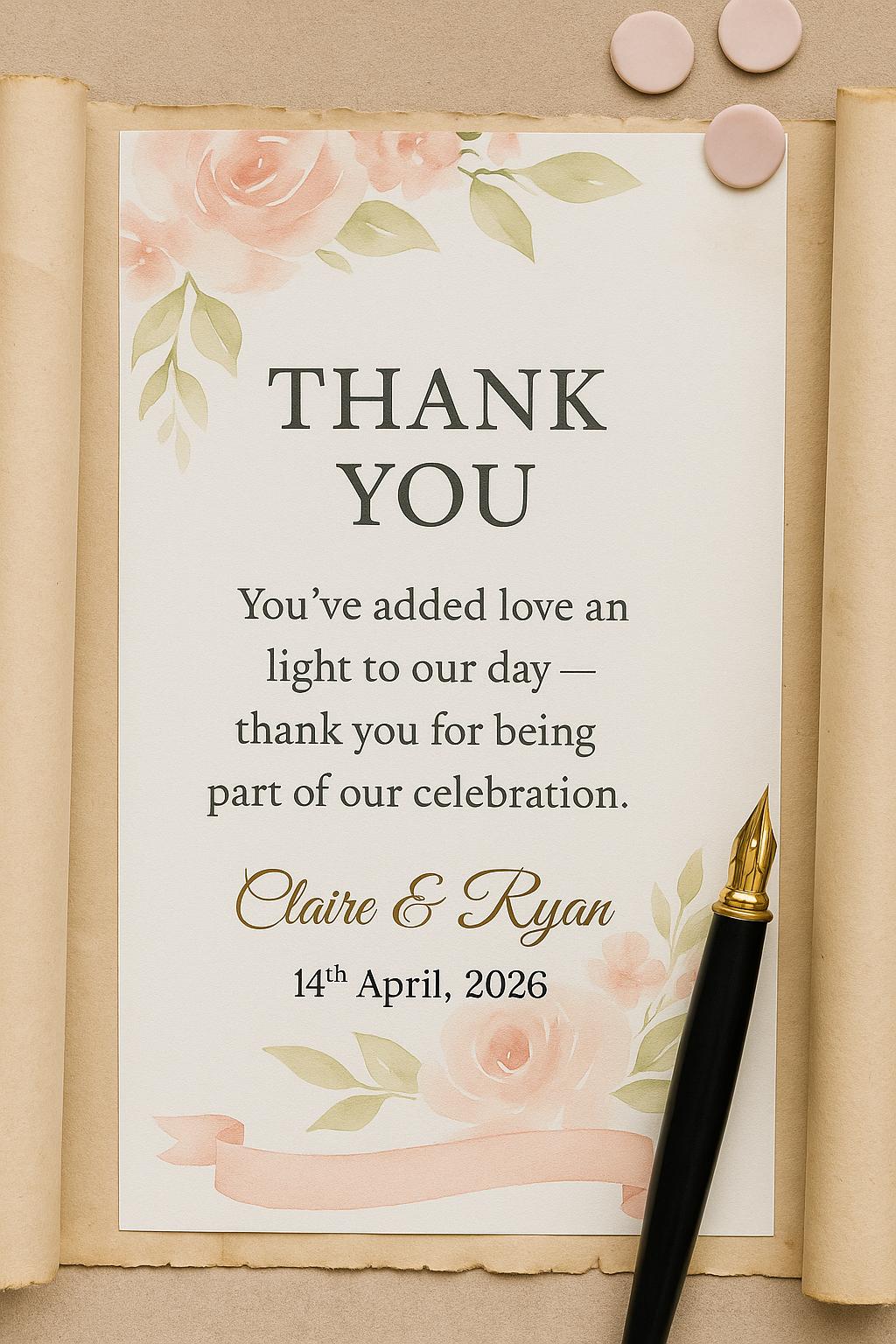 Floral Wedding Favor Scroll: Pink & Green Thank You Keepsake