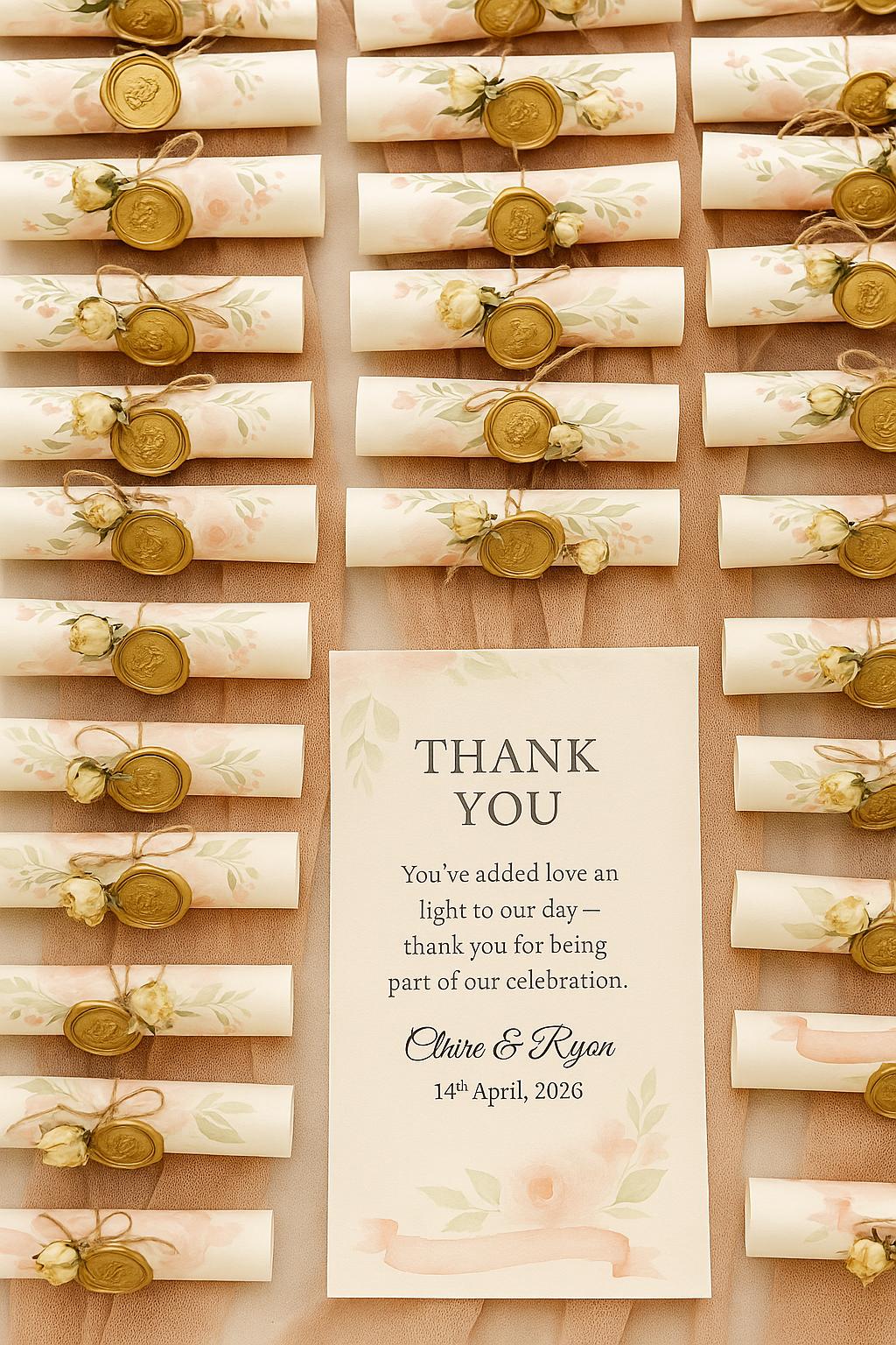 Floral Wedding Favor Scroll: Pink & Green Thank You Keepsake
