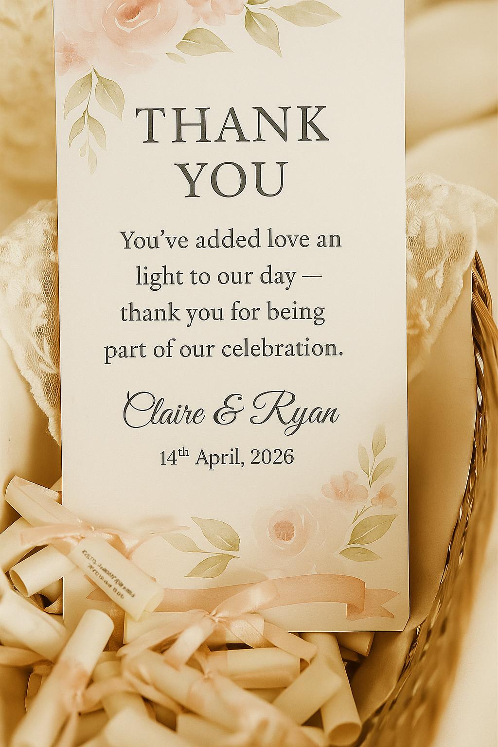 Floral Wedding Favor Scroll: Pink & Green Thank You Keepsake